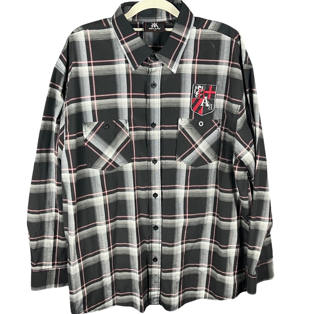 Red Ape Button Up Shirt Mens XL Black White Red Plaid Embroidered Crest